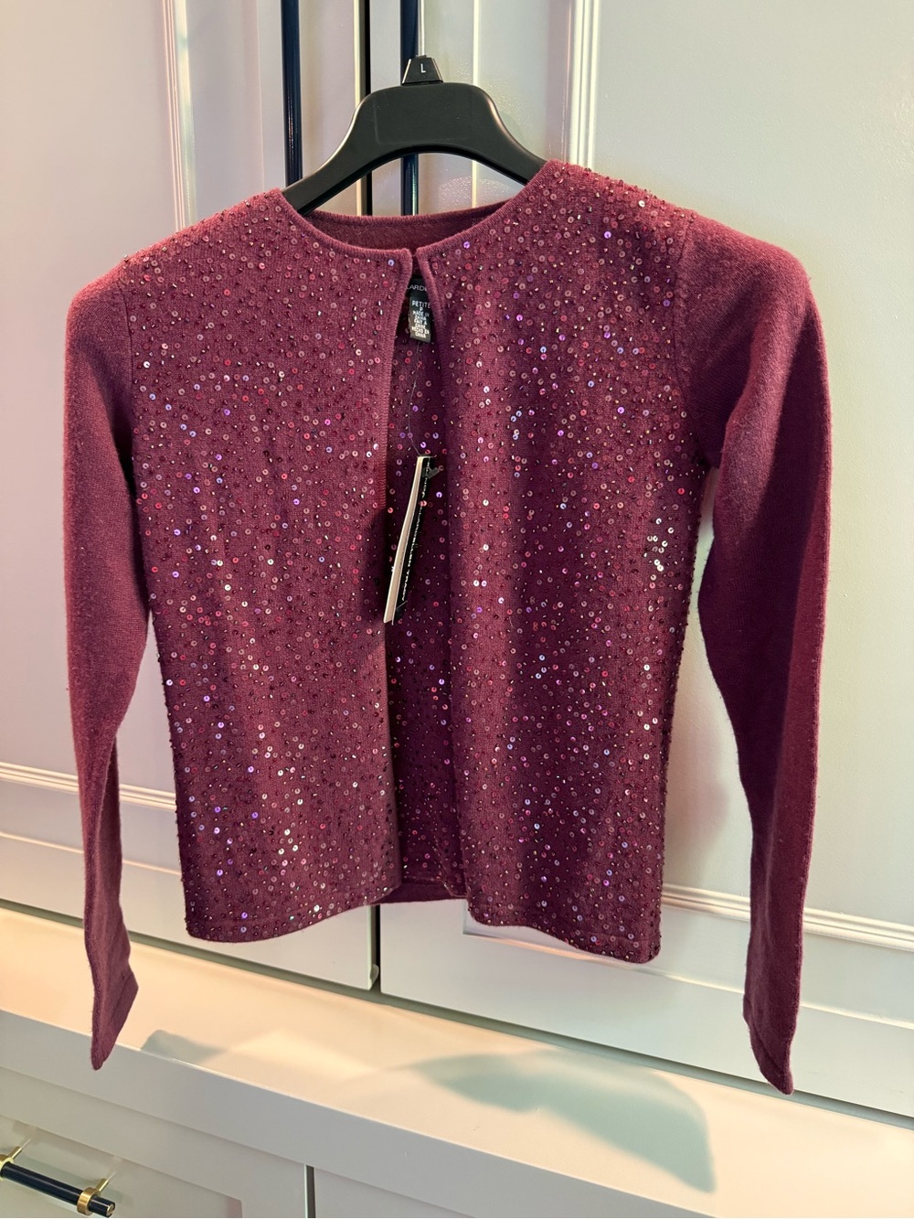 Sequin-Embellished Cashmere Plum Crewneck Cardigan sweater set.
